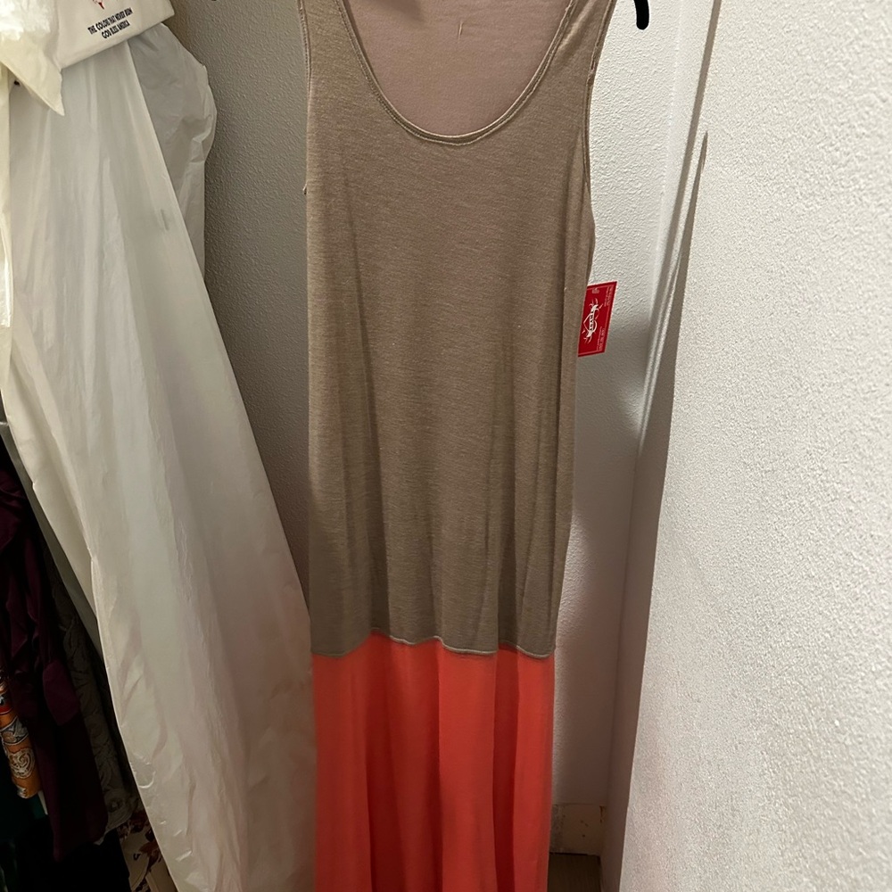 Tan and Coral Sleeveless Maxi Dress